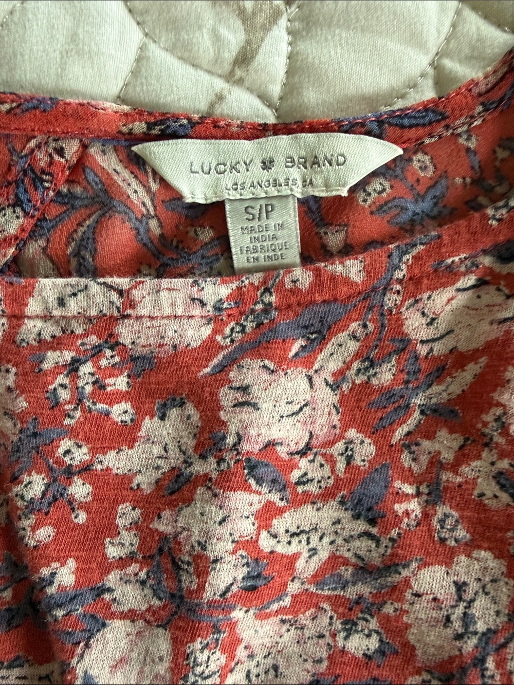 Lucky Brand Coral Floral Tee with Cream Flowers and Blue Leaves